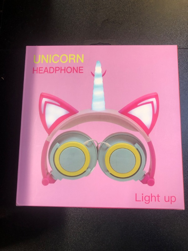 Photo 2 of Unicorn Kids Headphones for Girls Boys with LED Light, Safe Volume Limited Stereo Cat Ear Children Wired Headphones Foldable with Adjustable Headband and 3.5mm Jack for School Travel Blue
