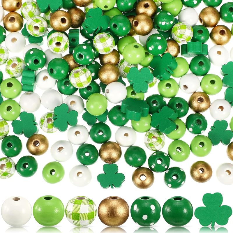 Photo 1 of 210 Pieces Craft Beads Wood Spring Color Beads Wooden Round Beads Colorful Wooden Spacer Beads for Easter St. Patrick's Day Valentine's Day DIY Craft Decoration (Green Series,Round, Shamrock)
