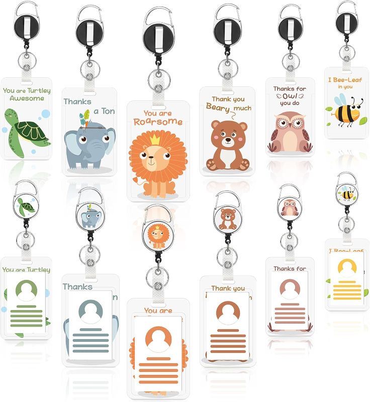 Photo 1 of 6 Pack Thank You Badge Holder with 6 Retractable Reel Pun Greeting ID Badge Holder with Clip ID Name Tag Badge Reel Clip for Employee Coworker Nurse Teacher Students Graduation(Animal)
