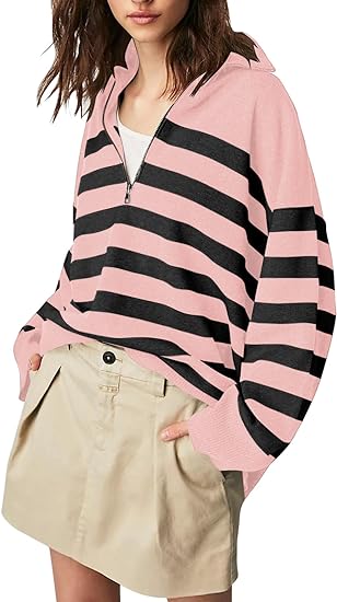 Photo 1 of FMEYOA Women's Oversized Sweater 2023 Fall Long Sleeve Zip V Neck Collared Striped Ribbed Knit Side Slit Winter Pullover Pink Small 
