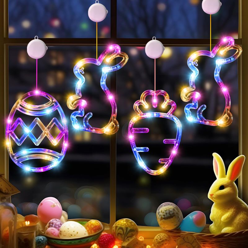 Photo 1 of 4Pack Easter Window Lights Decorations with Timer, Battery Powered Hanging Multicolor Lighted Bunny Carrot Egg Shaped Sucker LED Lamp for 2024 Holiday Indoor Home Decor
