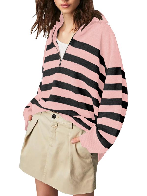 Photo 1 of FMEYOA Women's Oversized Sweater 2023 Fall Long Sleeve Zip V Neck Collared Striped Ribbed Knit Side Slit Winter Pullover Medium Pink