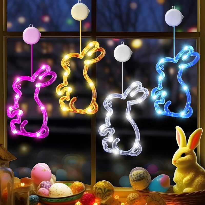 Photo 1 of 4Pack Easter Window Lights Decorations with Timer, Battery Powered Hanging Pink Yellow White Blue Lighted Bunny Shaped Sucker LED Lamp for 2024 Holiday Indoor Home Decor
