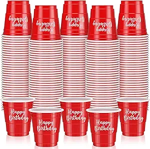 Photo 1 of 100 Pcs Happy Birthday Plastic Shot Glasses 2oz Disposable Shot Cups for Party Mini Drinking Cups for Birthday Wedding Party Favors Tasting Serving Snacks Samples(Red)
