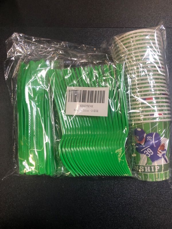 Photo 1 of Football Party Supplies Kit Serve 24, Includes Paper Plates, Napkins, Cups, Knives, Forks and Spoons for Football Birthday Party Football Gameday Super Bowl Decorations