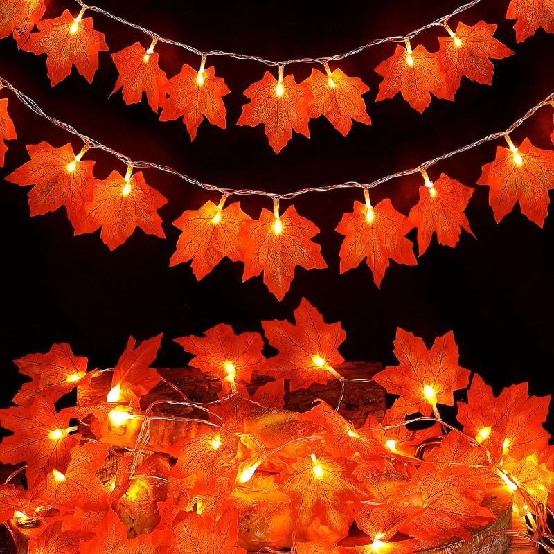 Photo 1 of 2 Pack Thanksgiving Decorations Fall Leaves Garland with Lights,Total 20FT 40 Led Maple Leaf String Lights,Battery Operated Fall Lights for Indoor Outdoor Autumn Christmas Halloween Harvest
