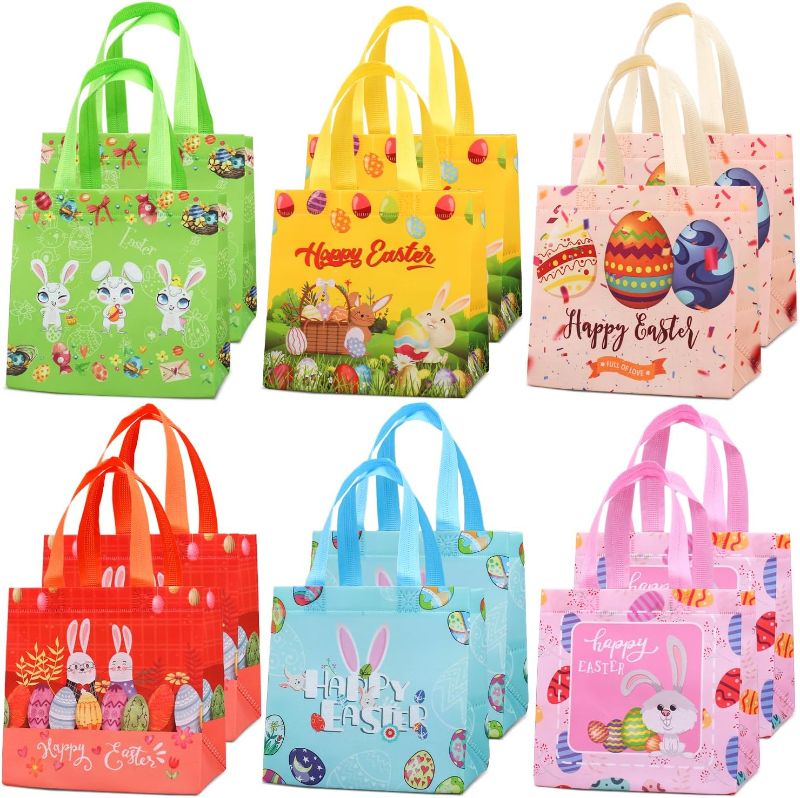 Photo 1 of 12PCS Happy Easter Egg Hunt Bags - Easter Bunny Carrot Chick Egg Gift Bags with Handles, Easter Treat Bags, Multifunctional Non-Woven for Gifts Wrapping Egg Hunt Game Party Supplies 8.3×7.9×5.9inch
