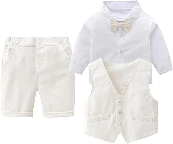 Photo 1 of Baby Boys Gentleman Outfits Suits, Infant Long Sleeve Shirt+Cropped Pants+Bow Tie +Suit Jacket Clothes Set 3-6M