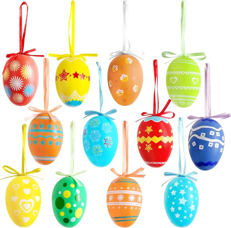 Photo 1 of 36Pcs Easter Hanging Eggs, Multicolored Plastic Egg Tree Ornaments, Decorative Hand Painted Eggs DIY Crafts Ornaments with Various Style Stripes Dots Flowers for Easter Decoration
