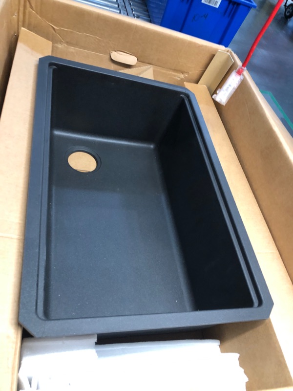 Photo 2 of ***DAMAGED - CRACKED - SEE PICTURES - LIKELY MISSING PARTS - UNABLE TO VERIFY FUNCTIONALITY***
KRAUS Bellucci Workstation 30-inch Undermount Granite Composite Single Bowl Kitchen Sink in Metallic Black with Accessories, KGUW2-30MBL