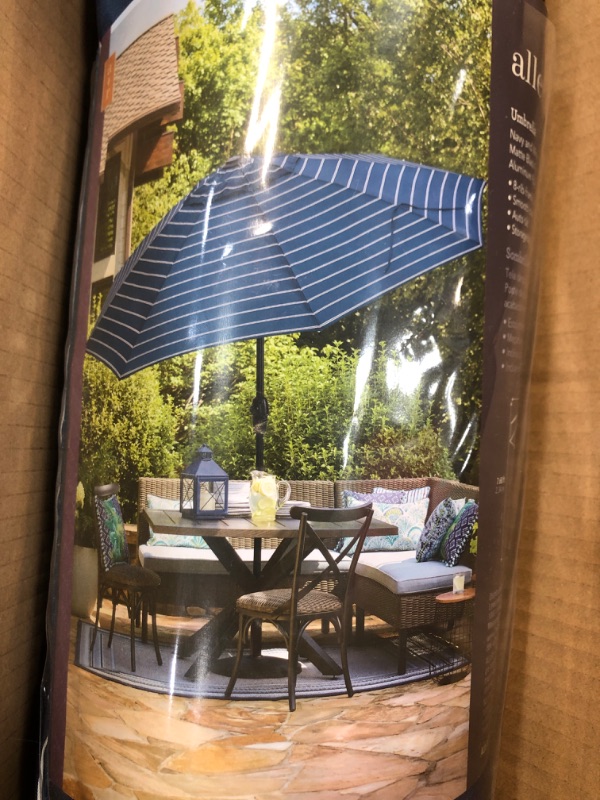 Photo 1 of allen + roth 9-ft Aluminum Blue Auto-tilt Market Patio Umbrella with Lights
