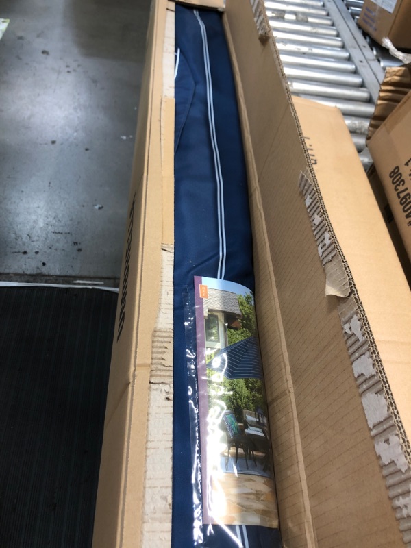 Photo 1 of allen + roth 9-ft Aluminum Blue Auto-tilt Market Patio Umbrella with Lights
