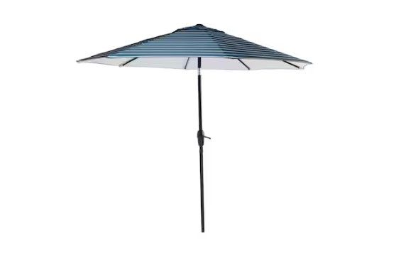 Photo 1 of allen + roth 9-ft Aluminum Blue Auto-tilt Market Patio Umbrella with Lights
