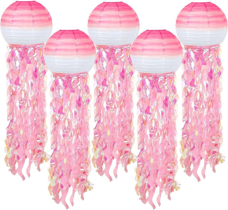 Photo 1 of ADLKGG Hanging Jelly Fish Paper Lanterns, Gradient Colorful Pink Paper Lanterns for Mermaid Theme Party Under The Sea Ocean Birthday Decorations Baby Shower...
