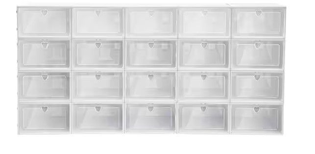 Photo 2 of 20-Pair White Plastic Stackable Drop Front Shoe Boxes with Lid
