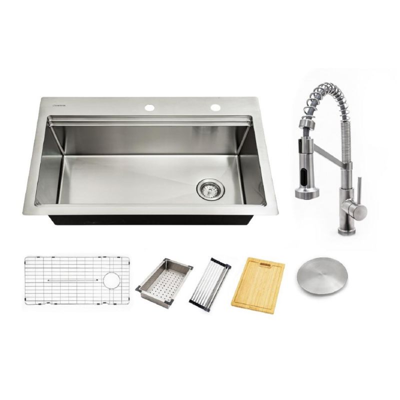 Photo 1 of * SEE NOTES* Glacier Bay All-in-One Drop-in/Undermount Stainless Steel 33 in. Single Bowl Workstation Kitchen Sink with Faucet and Accessories, Silver
