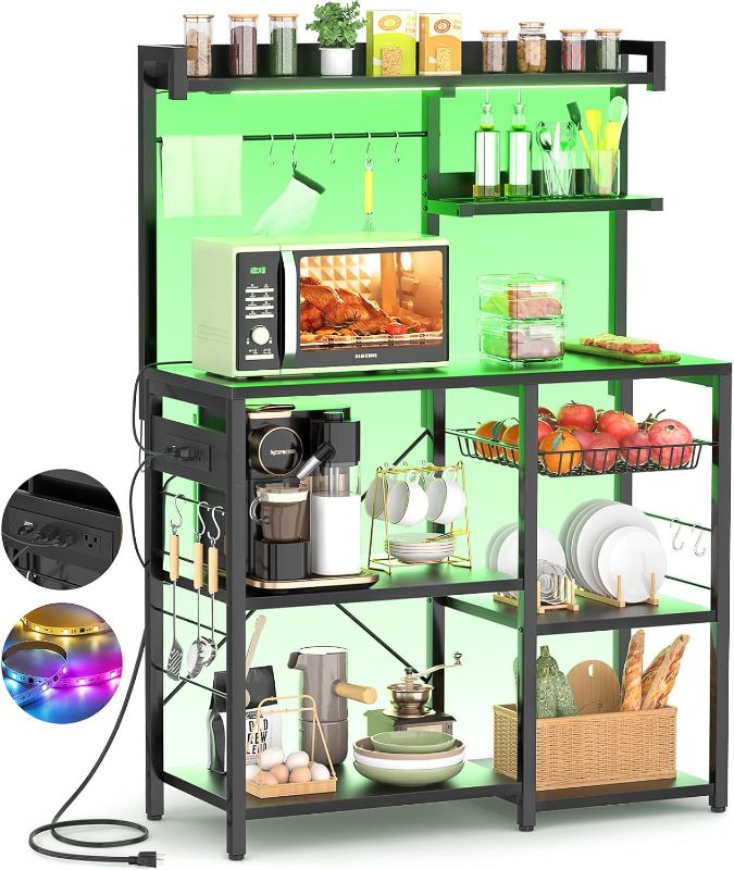 Photo 1 of 
Aheaplus Bakers Rack with Power Outlet and LED Light Strings, Microwave Oven Stand Kitchen Storage Shelf with Wire Basket, Coffee Bar Station Island Table...
Color:Black
