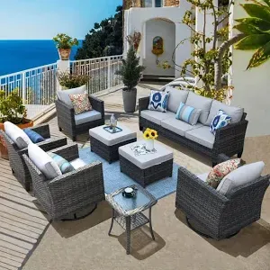 Photo 1 of * PARTIAL SET BOX 2 OF 2* XIZZI
Megon Holly Gray 8-Piece Wicker Patio Conversation Seating Sofa Set with Denim Blue Cushions and Swivel Rocking Chairs