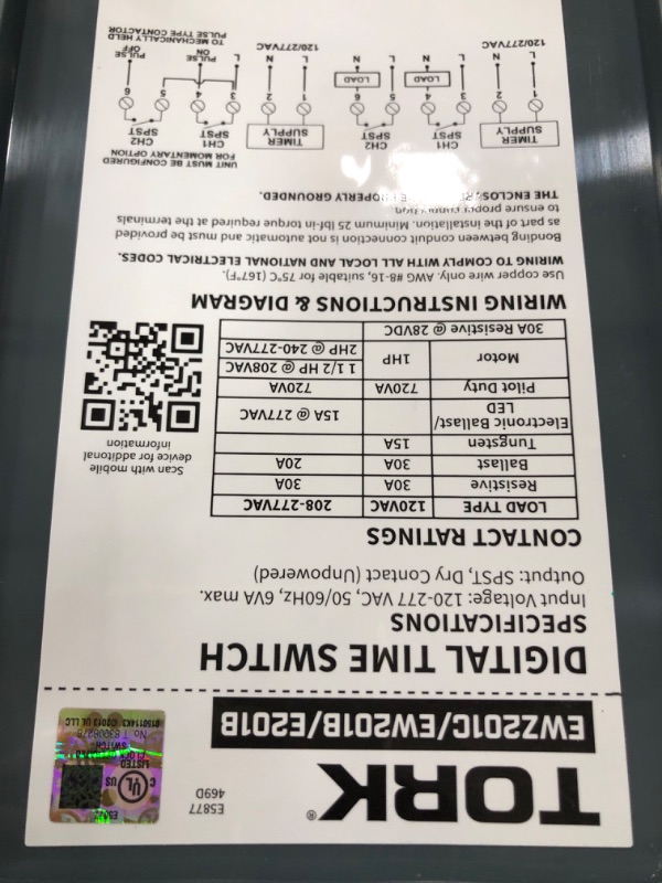Photo 3 of * SEE NOTES*TORK EWZ201C Digital Timer, Astronomic 7 Day, 2 Channel, 30A, 120/277V, SPST, EW Series
