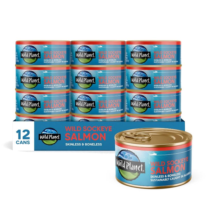 Photo 1 of *** Best BY 06/2025 ** Wild Planet Wild Sockeye Salmon, Skinless & Boneless, Canned Salmon, Sustainably Caught, Non-GMO, Kosher 6 Ounce (Pack of 12)
