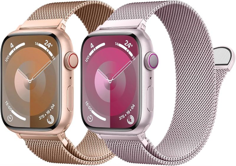 Photo 1 of [2 Pack] Original Milanese Loop Compatible with Apple Watch Band for Women Men 41mm 40mm 38mm 49mm 45mm 44mm 42mm, Mesh Loop Magnetic Clasp Replacement Bands for iWatch - 41mm/40mm/38mm Pink+Champagne
