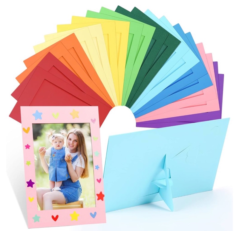 Photo 1 of 100 Pcs Paper Picture Frames with Easel 4 x 6 Inch Paper Photo Frame Cards with12 Stickers Cardboard Picture Frames Kids Art Frame Art Display Frame for DIY Art Craft Display(Multi Colors, 100 Pcs)