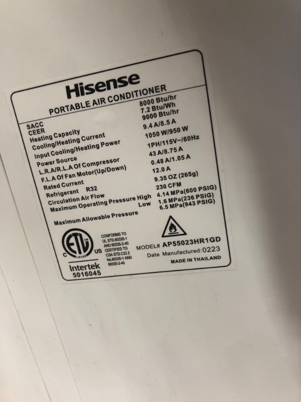 Photo 3 of ***MISSING PARTS***Hisense Smart SACC 8,000 BTU Dual Hose Portable Air Conditioner with Heat Pump, 4-modes (Cool, Heat, Fan, Dehumidifier) WiFi, Remote, Up to 550 sq. ft., AP55023HR1GD White - (Renewed)