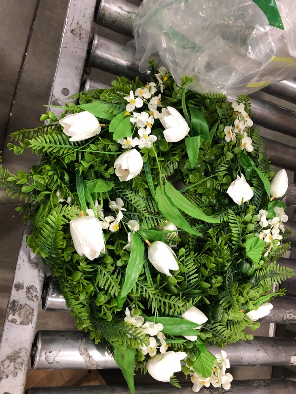 Photo 2 of 20 Inch Spring Summer Wreath - Door Wreath with Artificial White Tulips - Green White Flowers Wreath for Front Door, Window, Farmhouse Decor, Indoor & Outdoor, Weddings, and Wall
