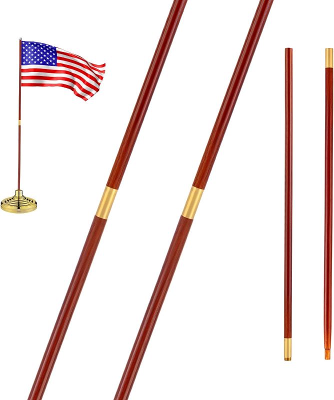 Photo 1 of 2 Pcs Indoor or Parade Flagpole Solid Wooden Flag Pole Brass Screw Joint Indoor Flag Pole, Brown and Gold (8 ft)
