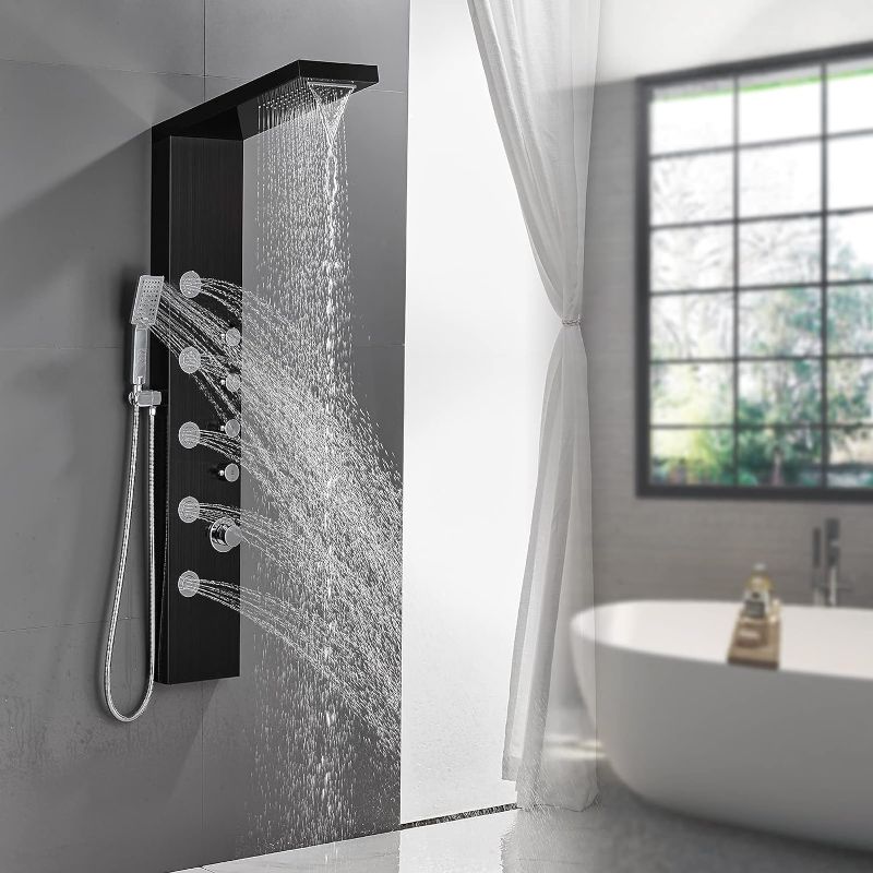 Photo 1 of  Rainfall Waterfall Shower Tower Panel System, 304 Stainless Steel Bathroom Shower Tower with 5 Rain Body Massage Jets and 3 Sets Handheld Shower Sliver
