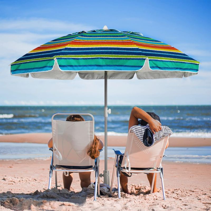 Photo 1 of ***USED REFERENCE TO STOCK PHOTO*** Beach Umbrellas for Sand Heavy Duty Wind Portable, 6.5ft Outdoor Umbrella with Sand Anchor and UV Protection, Parasols Includes Carry Bag for Beach, Patio, and Garden, Yellow Stripes
