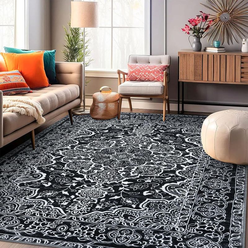 Photo 1 of *******STOCK PHOTO REFERENCE ONLY ****** dark Grey/Black Area Rugs for Living Room, Washable Vintage Floral Large Area Rug for Bedroom 8ft x 10ft Non-Slip, Ultra Soft Printed Traditional Medallion Distressed Low-Pile Carpet for Dining Room Office
