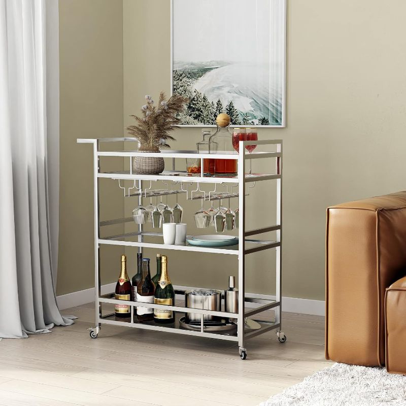 Photo 1 of **2 mirrors are broken, open box with caution**
Silver Bar Carts with 3 Tier Glass Shelves, Rolling Serving Bar Cart with Wine Rack and Glass Holder, Home Bar Carts & Wine Carts on Wheels for Kitchen, Indoor & Outdoor
