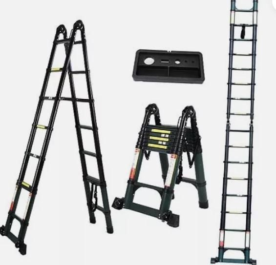 Photo 1 of 16.5FT Telescoping A Frame Ladder with Tool Tray, 2-In-1 Extension Ladder, Multi-Purpose Aluminum Telescopic Ladders with Ladder Stabilizer Wheels, Folding Foldable Extendable Ladder for Home Outdoors 16.5FT A Frame