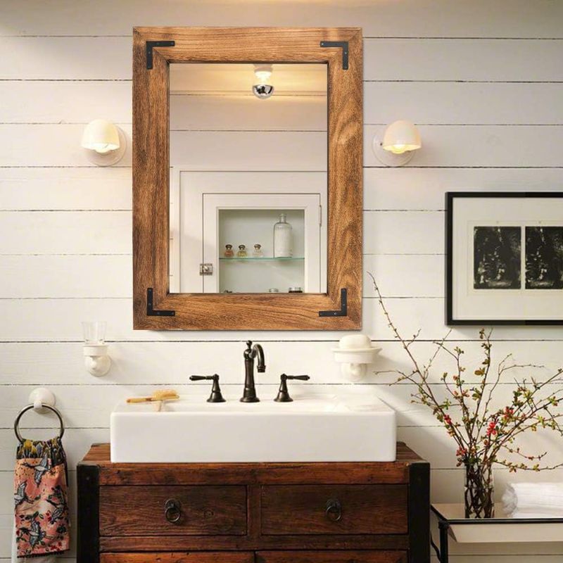 Photo 2 of **Pic for reference but its the same type just a darker brown** Rustic Wooden Framed Wall Mirror, Natural Wood Bathroom Vanity Mirror for Farmhouse Decor, Vertical or Horizontal Hanging, 32" x 24", Brown