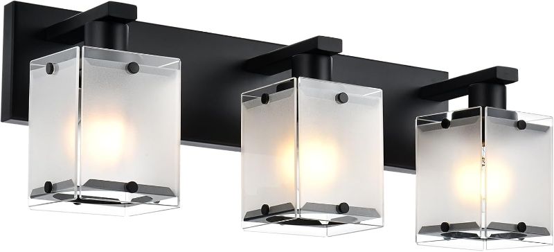 Photo 2 of **Parts Only** 3-Lights Bathroom Light Fixture Over Mirror, Modern Black Wall Sconce Vanity Lighting Fixtures with Rectangular Frosted Glass Shade for Bathroom Kitchen Bedroom, E26 Bulb Base
