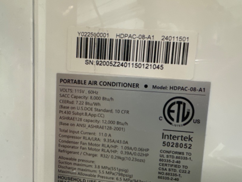 Photo 3 of *POWERS ON BUT ,MAKES BUZZING NOISE//LIKE NEW**14000 BTU Portable Air Conditioners for Room up to 700 sq.ft, 3-IN-1 Quiet Cooling Portable AC Unit with Fan & Dehumidifier Mode, 24H Timer Sleep Mode, Remote Control & Windows Kit Included