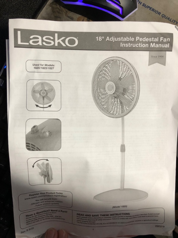 Photo 5 of ***USED - MAJOR DAMAGE - PLASTIC HOUSING BROKEN - SEE PICTURES - MISSING HARDWARE***
Lasko Oscillating Pedestal Fan, Adjustable Height, 3 Speeds, for Bedroom, Living Room, Home Office and College Dorm Room, 18", Black, 1827