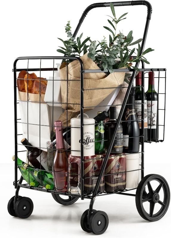 Photo 1 of 
Goplus Jumbo Folding Shopping Cart with Rolling Swivel Wheels, Foldable Grocery Cart on Wheels with Double Basket, Heavy Duty Utility Cart, Shopping Carts.
