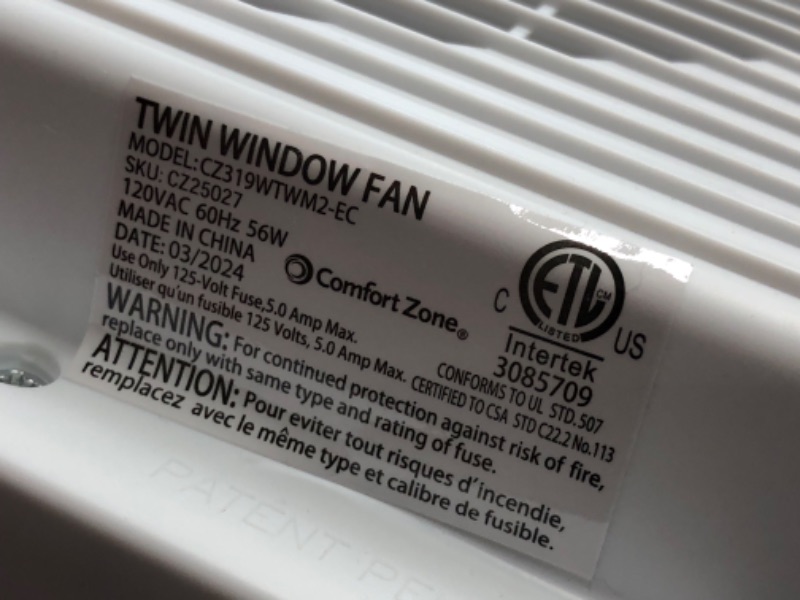 Photo 1 of ***USED - POWERS ON - UNABLE TO TEST FURTHER***
Comfort Zone Twin Window Fan with Quiet Setting, Reversible Airflow Control, 9 inch, 3-Speeds, Expandable, Exhaust, Dual Fan, Airflow 9.84 ft/sec, Ideal for Home, Kitchen, Bedroom & Office, CZ319WT2 9" Twin 