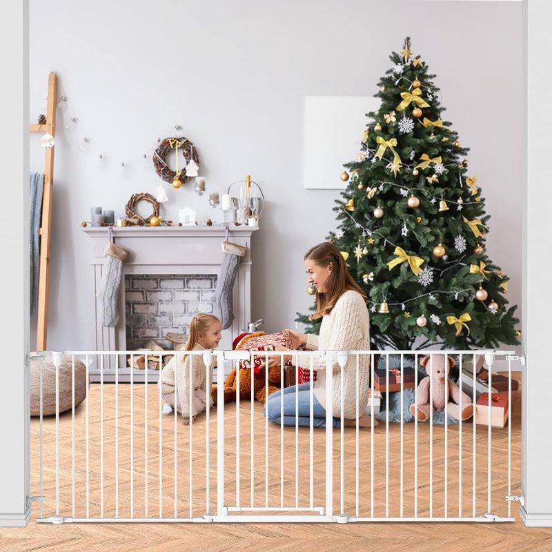 Photo 1 of Baby Gate, Extra-Wide Gate for Stairs, Play Yard Child Safety Gate, Dog-gate with Auto-Close Door, Double Locking System for Fireplace, Kitchen (3 Panels- 81 inch White)
