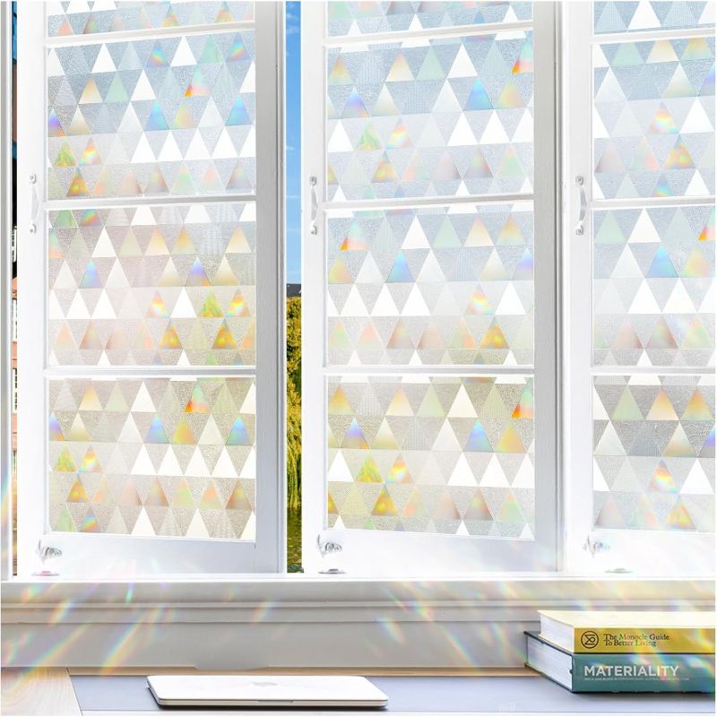 Photo 1 of  Window Privacy Film, Stained Glass Rainbow Prism Privacy Window Clings for Glass Window, Static Cling Decorative Door Covering, Non-Adhesive UV Blocking Window Sticker