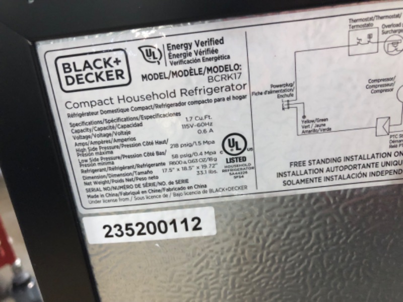 Photo 6 of ***DAMAGED - DOESN'T POWER ON - SEE COMMENTS***
Black+Decker BCRK17B 1.7 Cubic-ft Refrigerator/Freezer (Black) - 1.70 ft³ - Reversible - Black