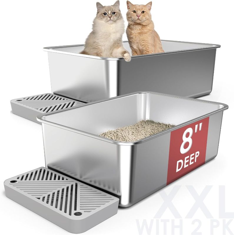 Photo 1 of 2 Pack 23.6"x 16"x 8" Extra Deep & Large Stainless Steel Litter Box for Big Cats, Non-Stick Odorless Metal Litter Box, XL Stainless Steel Pan with Footboard, Cat Litter Box Litter Tray
