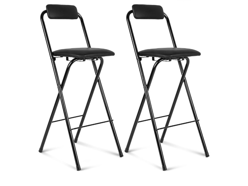 Photo 1 of *MINOR SLIT DUE TO BOX CUTTER* Folding Bar Stool with Backrest, Leather Padded Counter Height Foldable Stool, Portable Folding Stool Tall Bar Stools for Outdoor Camping Kitchen Shop Cafe, Black (2 Pcs, 29.5 Inch)