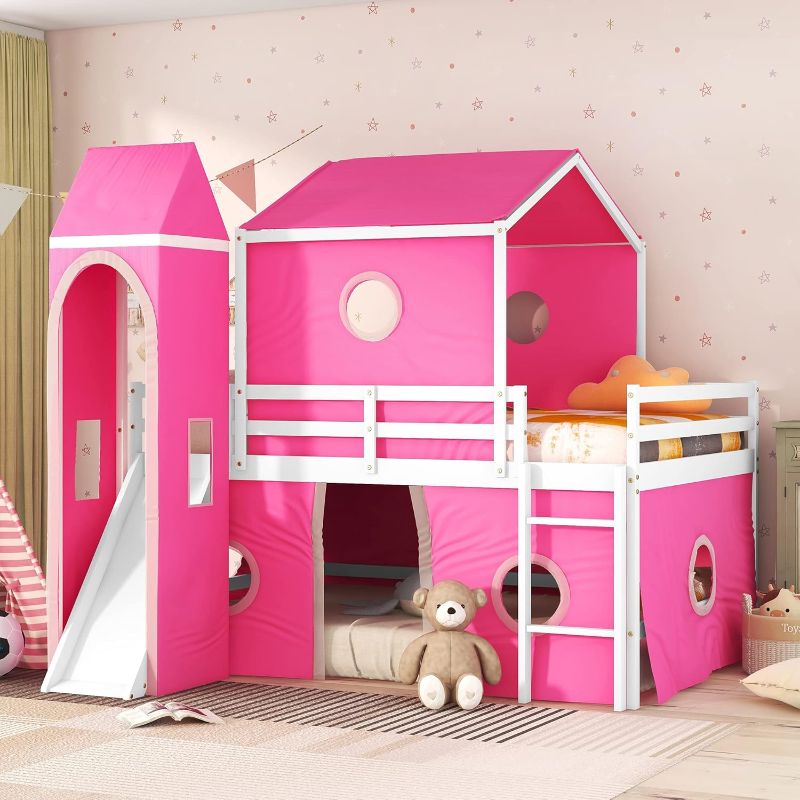 Photo 1 of **SEE NOTES**Playhouse Design Full Size Low Loft Bed with Slide & Tent and Tower, Solid Wood Tent Bed Frame for Kids Boys Girls, Versatile Spacious Under Bed Space with Curtains (Pink-TE)
