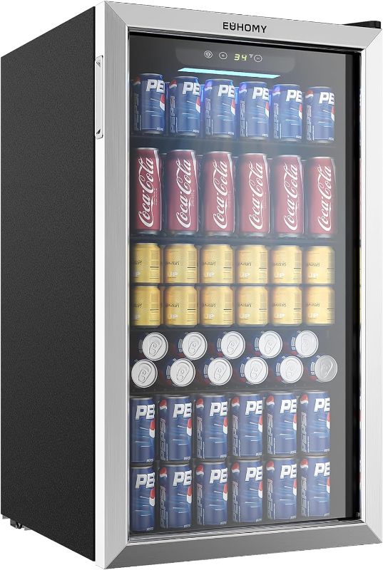 Photo 1 of * MINOR DAMAGE* EUHOMY Beverage Refrigerator and Cooler, 126 Can Mini fridge with Glass Door, Small Refrigerator with Adjustable Shelves for Soda Beer or Wine, Perfect for Home/Bar/Office (Silver).
