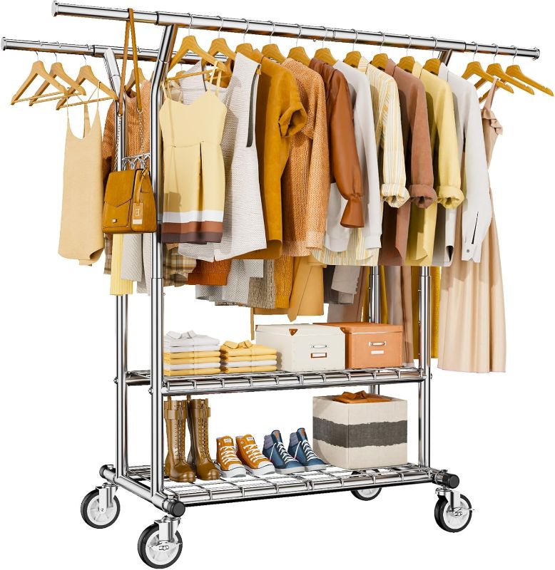 Photo 1 of 
HYSEYY Heavy Duty Clothes Rack, Rolling Clothing Rack With Shelves Load 620 LBS, Double Rod Clothing Racks for Hanging Clothes, Portable& Adjustable...
Color:Sliver