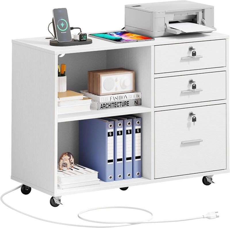 Photo 1 of 
DWVO 3 Drawer File Cabinet with Charging Station, Mobile Filing Cabinet with Lock, White
Color:White
Size:35" wide