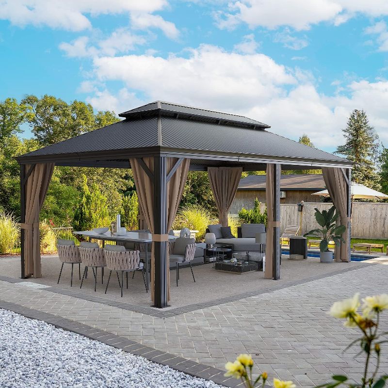 Photo 1 of *ROOF PIECES ONLY* Greesum 12'x20' Hardtop Metal Gazebo, Outdoor Galvanized Steel Double Roof Canopy, Aluminum Frame Permanent Pavilion with Netting and Curtains for Lawns, Patio, Deck, Parties
